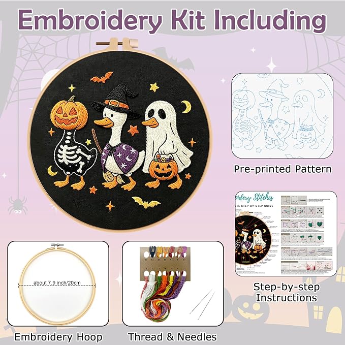 Nuberlic Halloween Embroidery Kit for Beginners Adults DIY Needlepoint | Complete Halloween Embroidery Kit With Cute Ghost, Pumpkin And Duck Design For Handmade Decor, Relaxing Needlework And Gifts.