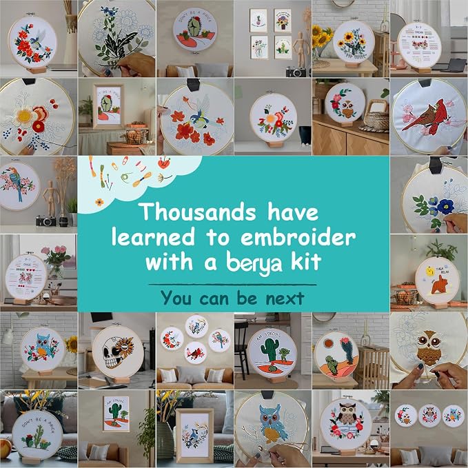 BERYA Embroidery Kit for Beginners, Flowers and Leaves Embroidery Practice Kit, Hand Floral Embroidery Starter Kit for Adults with Video Step by Step Instructions, Hoops, Threads and Needles (BEF011)