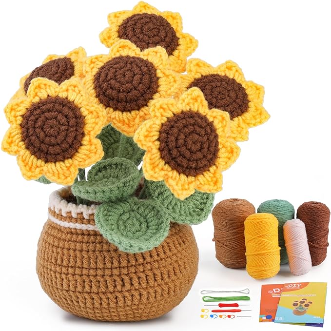kgxulr Crochet Kit, Sunflower Crochet Kit for Beginners, Knitting Kit | Beginner Crochet Kit, Crochet Flower Kit, Sunflower Crochet Kit, Beginner Crochet Kit for Adults