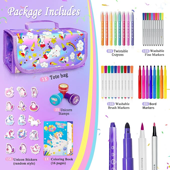 56 PCS Washable Scented Markers Coloring Kits with Glitter Pencil Case