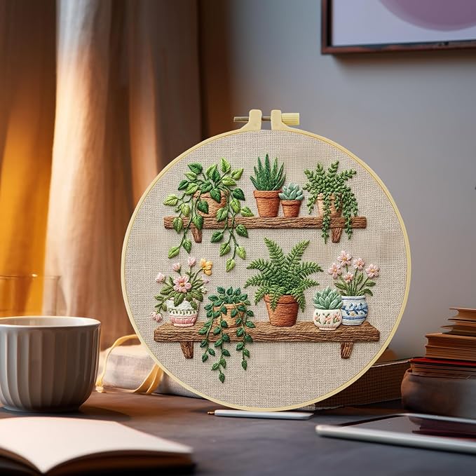 Full Range Embroidery Kit for Adult, Green Plant Pattern Embroidery Kit for Beginners Include Embroidery Cloth Hoops Threads for Craft Lover Hand Stitch with Embroidery Skill Techniques (Book Flowers)