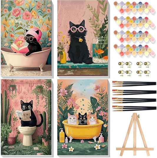 4 Pack Cat Paint by Numbers for Adults with Framed Canvas - Wooden Easel | Cat Paint by Number on Canvas, DIY Black Cat Acrylic Oil Painting Kits with Brushes for Home Wall Decor (8x12 inch)