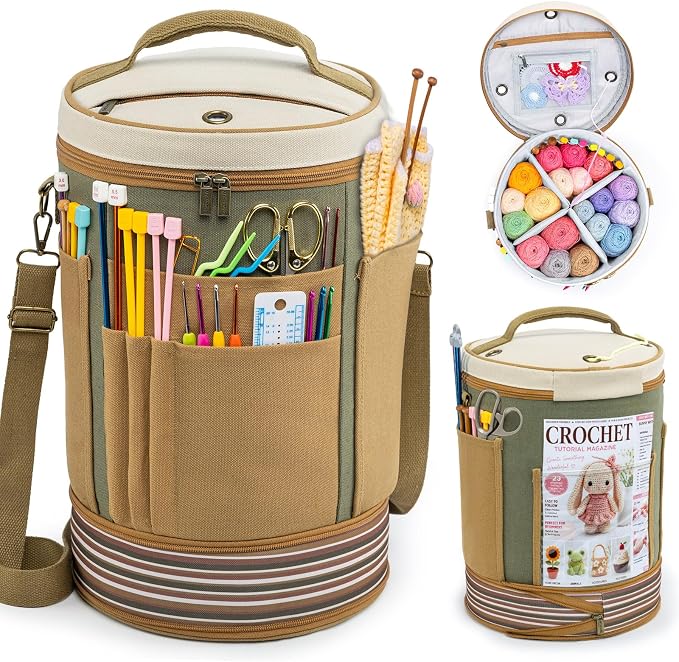 Canvas Yarn Storage Organizer with Removable Dividers, Crochet&Knitting Bag | Expandable canvas yarn organizer with removable dividers, yarn feed holes, project storage and multiple tool pockets