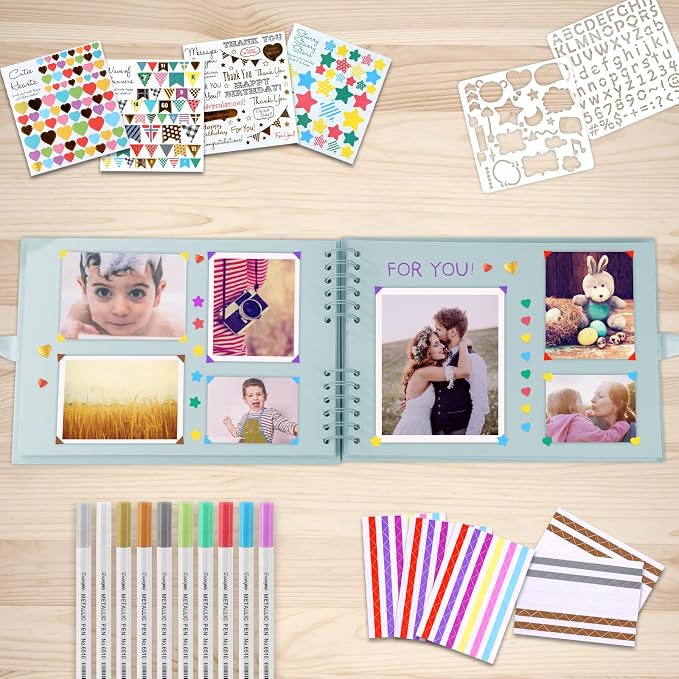 Gotideal 80 Pages Scrapbook Album with 10 Metallic Markers, Blue | Craft Paper Photo Album for Wedding and Anniversary, Family DIY Scrapbook Accessories with Scrapbooking Stickers Corners