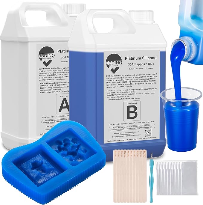 BBDINO Silicone Mold Making Kit 30A Platinum Liquid 2 Gallons Sapphire Blue | 1:1 Mixing Ratio -Self Degassing Silicone -Heat Resistant Up to 446°F Ideal for Silicone, Resins, Soap, Concrete, Wax Molding