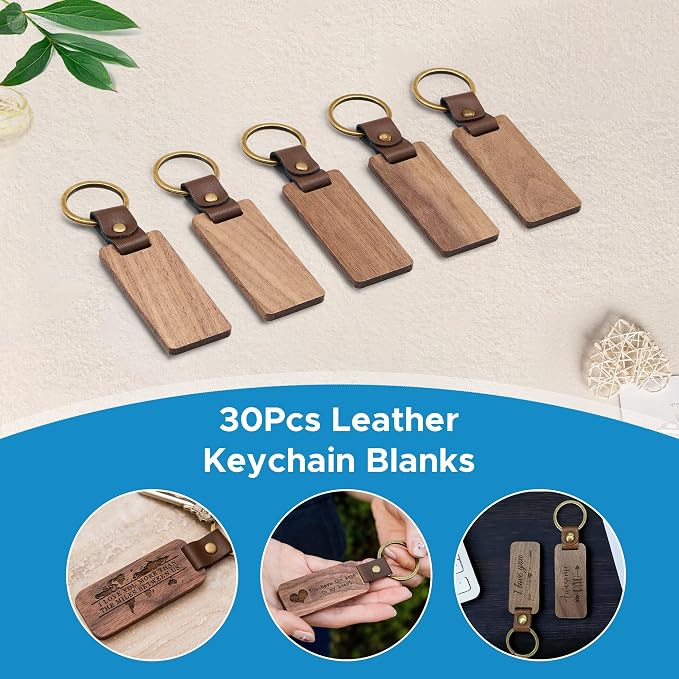 OMTech Wooden Keychain Blanks, Wood Key Chain Bulk, Unfinished Wooden Key Rings Key Tags for Laser Engraving DIY Craft Gift