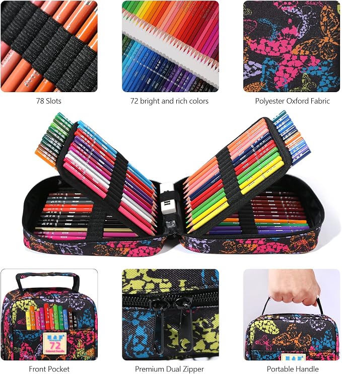 H & B 72 Colored Pencils for Adults Beginners with Case & Coloring Book Set | Oil-based Soft Cores for Smooth Drawing & Coloring - Vibrant Blendable colors - Portable Travel Kit with Sharpener & Eraser
