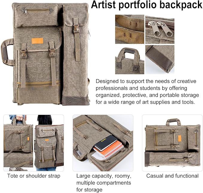 TRANSON Art Portfolio Case Artist Backpack Canvas Bag Large 26” x 19.5”