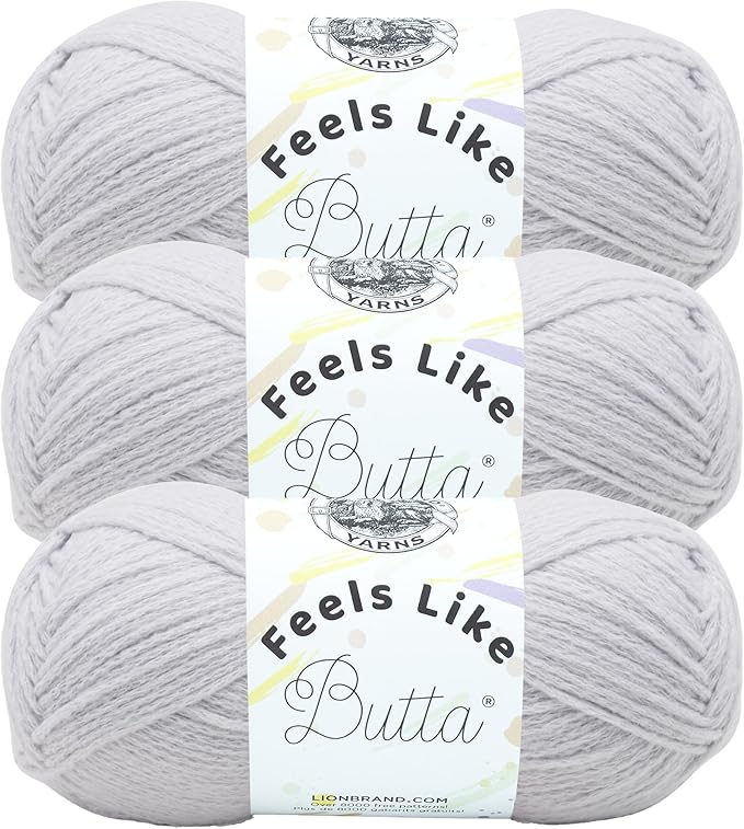 Lion Brand Yarn Feels Like Butta Soft Yarn for Crocheting and Knitting, Velvety, 3-Pack, Pale Grey | Buttery Soft Machine Washable Worsted Weight Knit Fiber for Cuddly Baby Blankets, Warm Sweaters, Smooth Amigurumis
