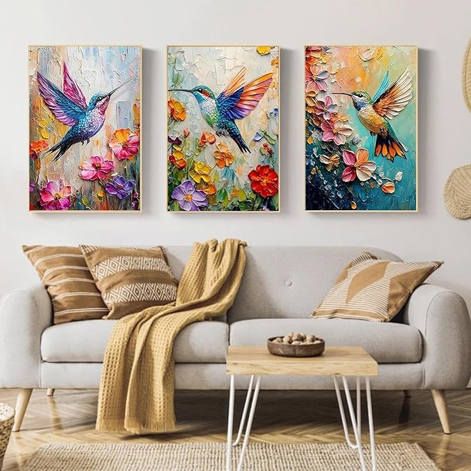Mandun Hummingbird Paint by Numbers Kit for Adults, 3 Pack, 7.8x11.8 inch | DIY Painting Kits Crafts for Adults, Relieve Stress, Frame Canvas, Wooden Easel, Gift Box, Home Wall Decor