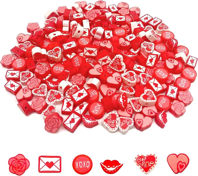 100 Pcs Valentine's Day Polymer Clay Beads Mixed Heishi Spacer Beads Supplies for DIY Bracelet Earring Necklace Jewelry Making