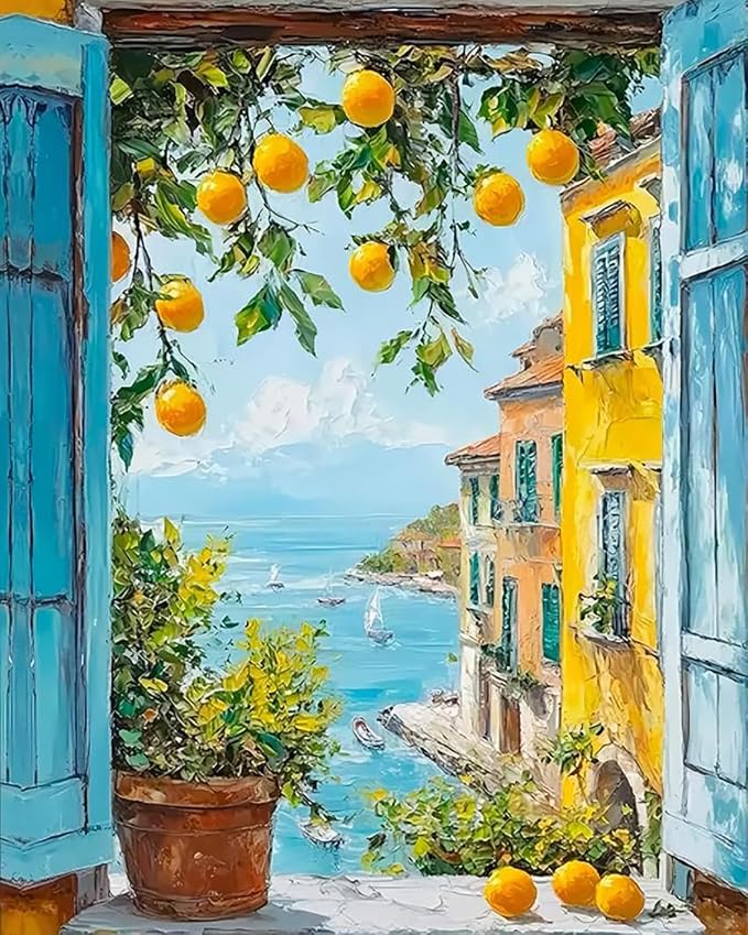 Accompany Wind Lemon Tree Diamond Art Kits for Adults, 5D Windowsill View Diamond Painting Kits for Beginners,DIY Round Full Drill Diamonds Gem Art Crafts for Home Wall Decor Gifts 12x16 Inch