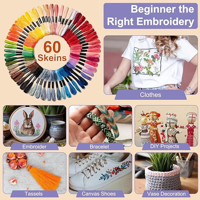 Amrules Friendship Bracelet String, 60 Pcs Embroidery Floss, Colorful | Including 344.5" Cotton Cross Stitch Thread, Hand Embroidery Thread for DIY Sewing and Embroidery Crafts Making with Tools