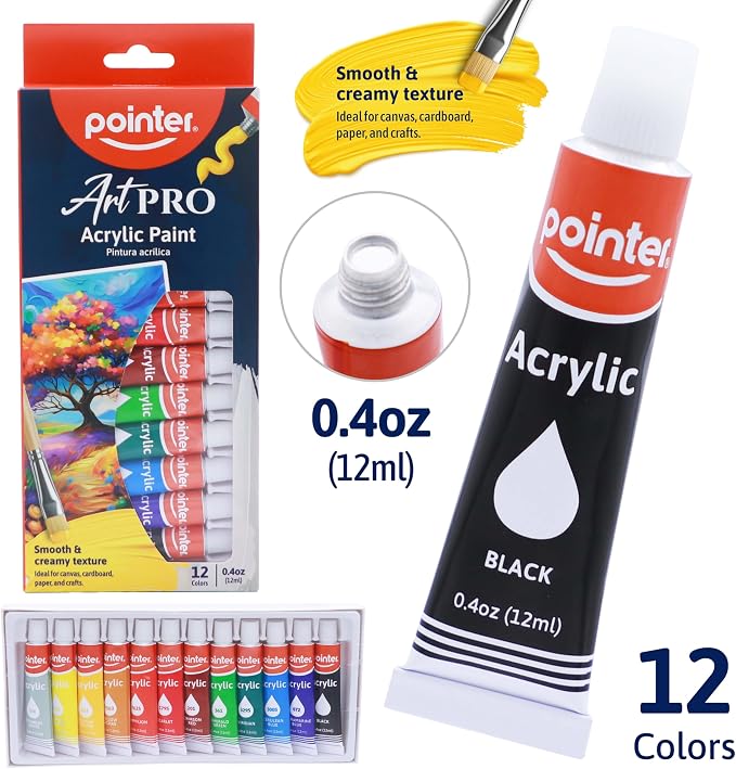 Pointer Art PRO Acrylic Paint Set – 12 Colors in 0.4oz (12ml) Tubes – Smooth & Creamy Texture – Ideal for Canvas, Paper, Cardboard, and Crafts