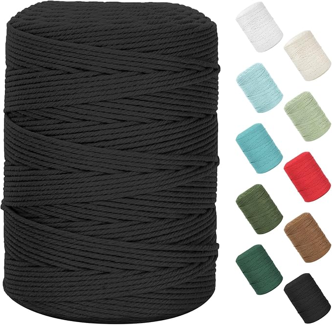 Natural Cotton Macrame Rope - 3mm x 380Yards (1140Feet), 4 Strands Twisted Cotton Cord for Wall Hanging, Plant Hangers, Crafts, Gift Wrapping and Wedding Decorations, Black