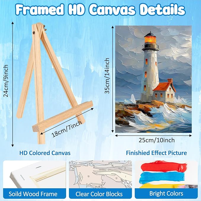 MAXBYE Lighthouse Framed Paint by Numbers Kits for Adults with Wooden Easel, Easy DIY Adult Paint by Number Kits on Canvas, Paintings Kit for Beginners Gift Home Wall Garden Decor 10×14 Inch