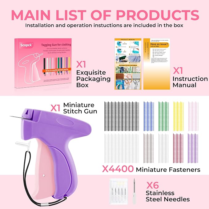 Stitch Gun for Clothes - Handheld Stitch Gun Quick Clothing Fixer - Tagging Gun - Includes 6 Needle, 1000 Black Fasteners & 1000 White Fasteners