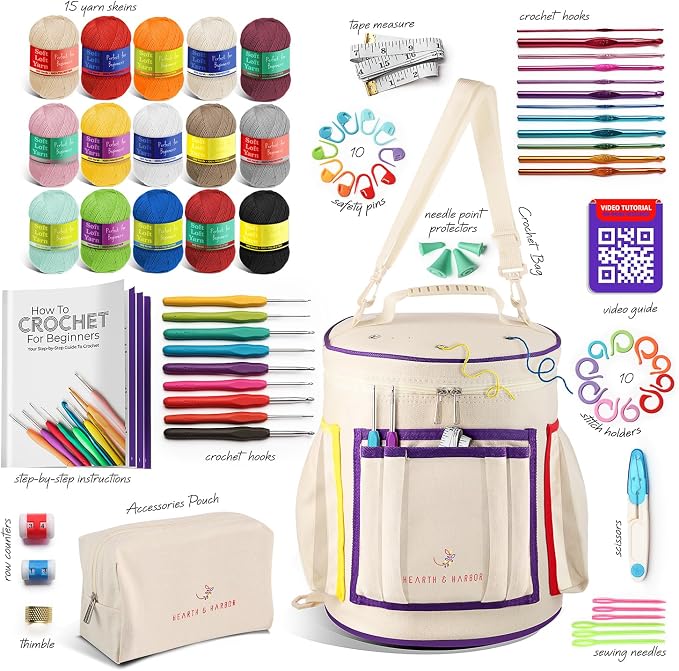 Crochet Kit for Beginners with Yarn, Beginner Crochet Kit for Adults and Kids, 21 Hooks, Knitting Kit Bag, Instructions Step-by-Step Video Tutorials, Plus Crochet Accessories Supplies, Crochet Gifts