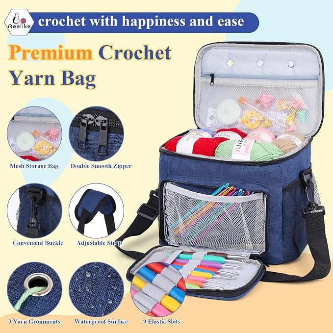 Aeelike 87PCS Crochet Beginner Kit for Adults,Portable Yarn Bag Kit,Navy | Crochet Starter Kits with Yarn, Ergonomic Hooks & Storage Case, Learn-to-Crochet Set for Adults, Kids & Seniors,