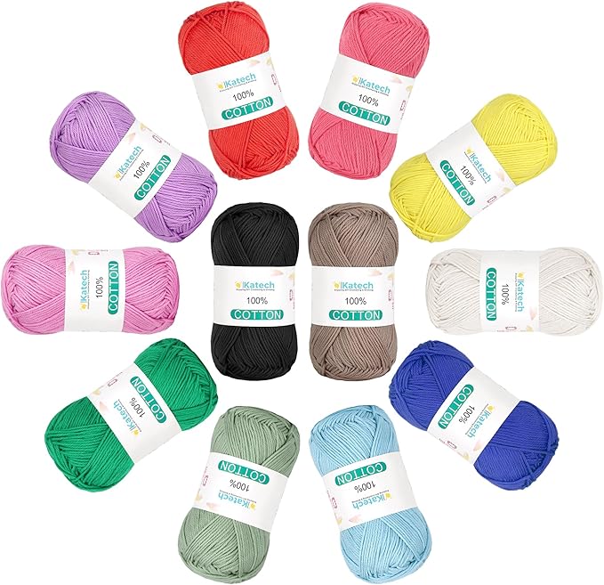 Katech 1OO% Cotton Yarn for Crocheting & Knitting–Baby Cotton Yarn (B) | 12-Color of 137 Yards/1.76 oz Sport Weight CYC #2-Soft & Breathable-Ideal for Dishcloths, Baby Clothes, Potholders & Crafts