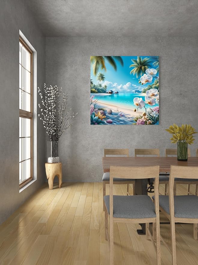 Tropical Beach Diamond Painting Kit for Adults,Gem Art for Beginners | 5D Full Drill Summer Ocean Orchid Diamond Art, DIY Gem Diamond Art for Adults, Home Wall Decor 13.78x13.78 Inch