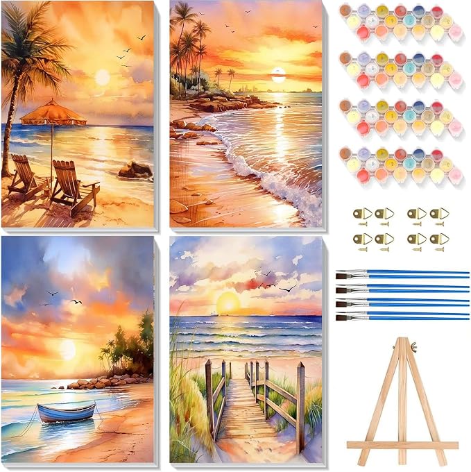 4 Pack Framed Paint by Numbers Kit for Adults Beginners, Beach 8x12 inch | Adult Paint by Number Kits on Canvas with Wooden Easel, Sunset Landscape DIY Acrylic Oil Painting by Numbers for Home Decor