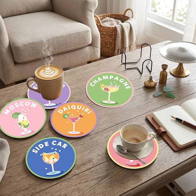 8 Pack Cocktail Paint by Numbers Kits Coasters with Holder Cork Pads | Drinks Paint by Number Kits for Adults Simple Round Oil Painting Coaster for Small DIY Craft Holiday Birthday Gift 3.9x3.9in