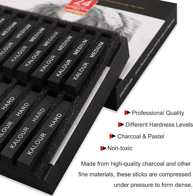 KALOUR 24 Pro Charcoal Drawing Set - Soft,Medium,Hard Charcoal and White - Charcoal Sticks for Drawing Sketching Shading - Art Supplies Gift for Artists Beginners Adults