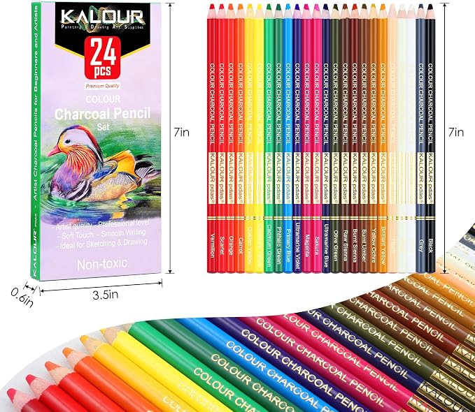 KALOUR PDAS 24 Premium Colored Charcoal Pencils Drawing Set, Quality Pastel Chalk Pencils, Skin Tone Colored, for Coloring, Sketching, Drawing, Layering & Blending for Beginners & Artists
