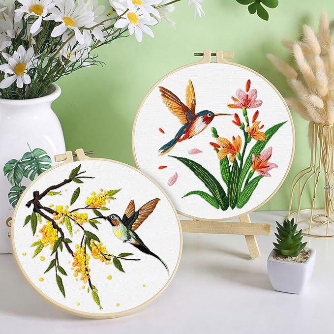 ERKOON 3 Sets Embroidery Kit, Hummingbird Cross Stitch Set for Include Embroidery Cloth Hoops Threads for Craft Lover Hand Stitch (Hummingbird)