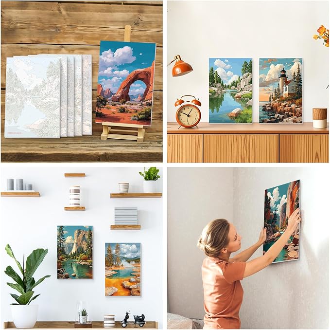 KEYIFA 6 Pack Paint by Numbers Kit, Stretched Canvas Boards for Painting for Adults, No Crease Acrylic Oil Painting for Students Beginners Favor Sip & Paint Party Supplies, Natural Landscape (8x12)