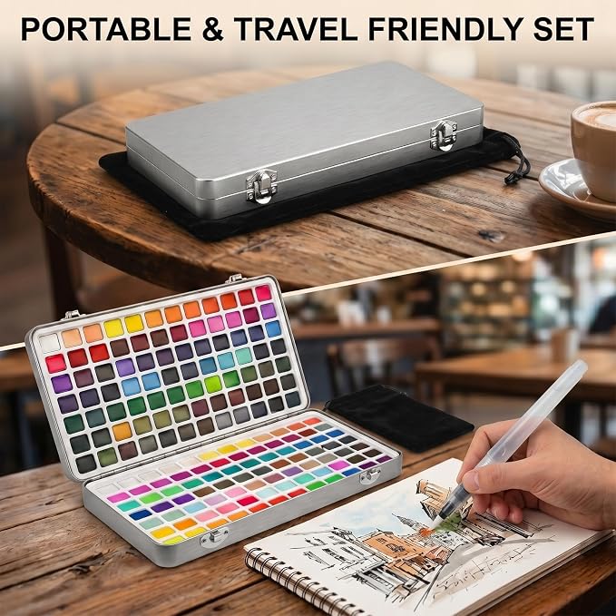 Smallbudi All in One Watercolor Paint Set 168 Colors with Portable Box | Travel Watercolor Kit for Adults with Carrying Case, Paper, Paint Brushes, Palette & Accessories for Beginner & Professional