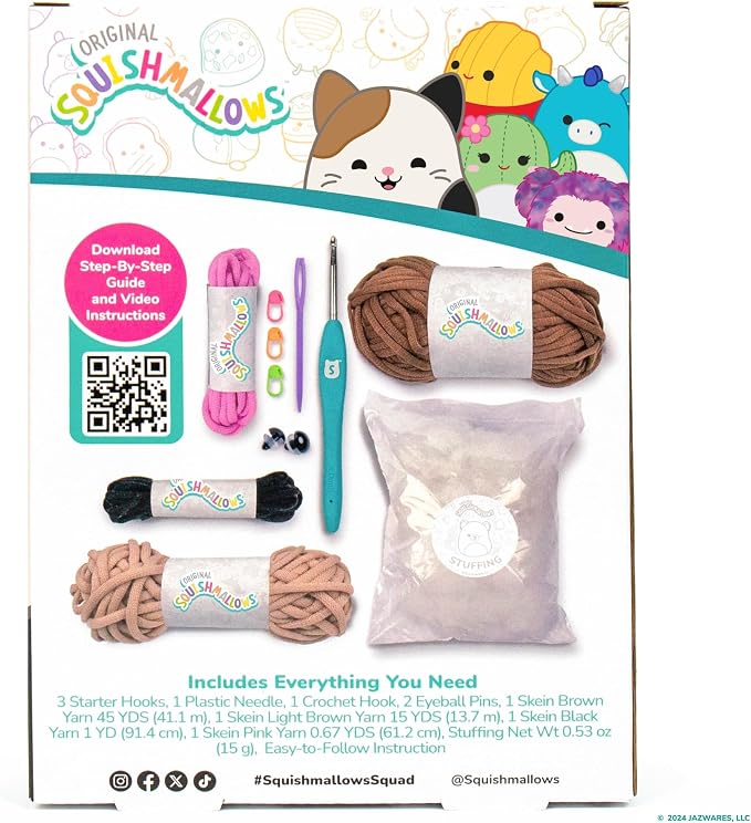 Original Squishmallows Omar the Bear Crochet Kit, Includes Yarn, Crochet Hook, Starter Hooks, Step-By-Step Tutorials, Exclusive Crochet Kit for Beginners, DIY Craft, Crochet Kits, Great Teen Gifts