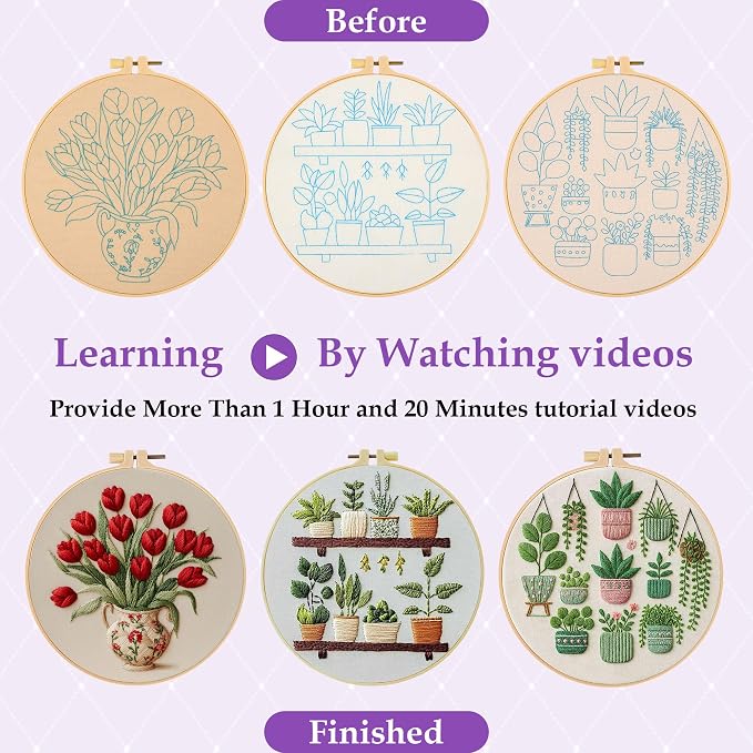 3 Pack Embroidery Kit for Adult Beginners, Needlepoint Cross Stitch Kits with Flower and Green Plant Stamped Patterns, Embroidery Hoop, Tools,Colorful Threads,Step by Step Instructions,DIY Starter Kit