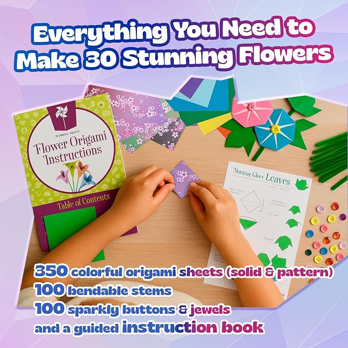 Pinwheel Crafts Flower Origami Kit for Kids Ages 8-12, 550 Pcs | 350 multicolor folding sheets, 100 chenille stems, 100 buttons and gems, booklet, makes 3D paper flowers, gift for girls