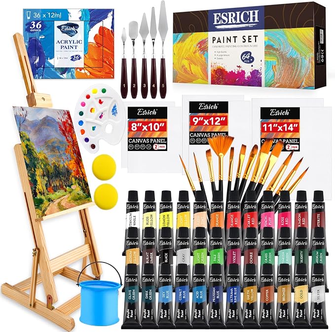 ESRICH Acrylic Paint Set, 64PCS Painting Supplies with Wood Easel | 12 Paint Brushes, 36 Paints, Canvas, Palette, Paints Knives, Painting Kit for Adults, Beginners