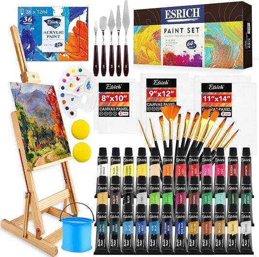 ESRICH Acrylic Paint Set, 64PCS Painting Supplies with Wood Easel | 12 Paint Brushes, 36 Paints, Canvas, Palette, Paints Knives, Painting Kit for Adults, Beginners