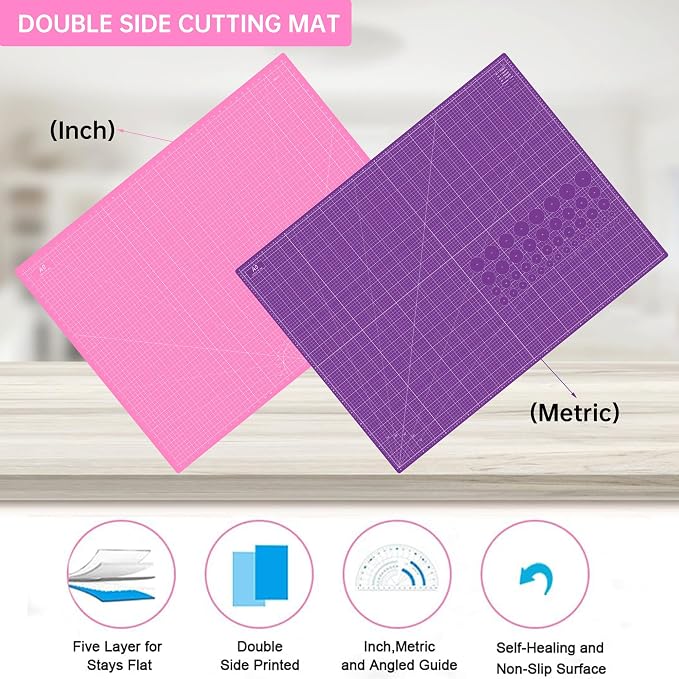 Headley Tools Thickened 36 x 48 Inch Self Healing Sewing Cutting Mat, A0 Rotary Cutting Sewing Mat for Crafts, Double Sided 5-Ply Table Cutting Board for Fabric Quilting Leather Hobby, Pink/Purple