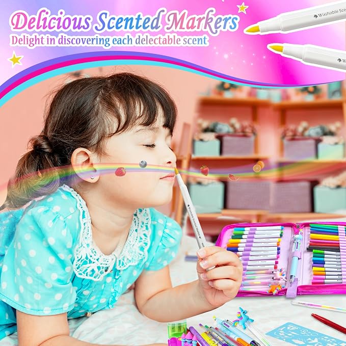 53 PCS Washable Scented Markers Set with Glitter Pencil Case, Kids Art Set