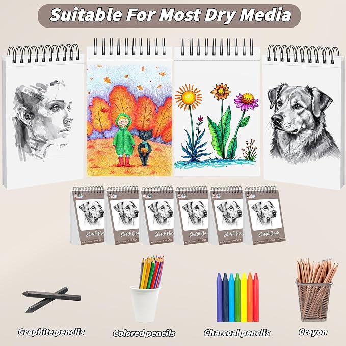 UZLU 6 Pcs Sketch Book Bulk 5.5 x 8.5 in 600 Sheets Top Spiral Bound Sketch Pad Drawing Paper 100 Sheets Each Acid Free Mixed Media Sketchbook 68lb/100gsm Art Supplies for Beginner Artist