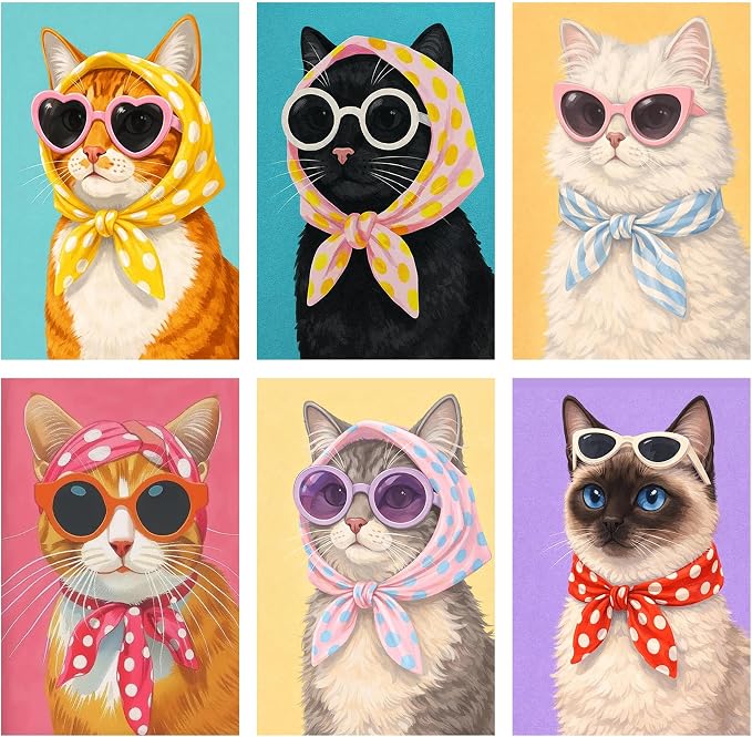 Axquilon 6 Packs Cat Paint by Numbers for Adults Beginners 8x12 Inch