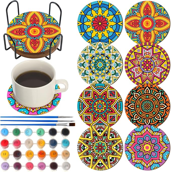Reallnaive 8 Pcs Mandala Paint by Numbers Kit for Adults Wooden Coasters | Mini Floral Paint by Numbers, Tiny Flower Round Oil Painting Drink Coaster with Holder, for Small DIY Craft Birthday Gift