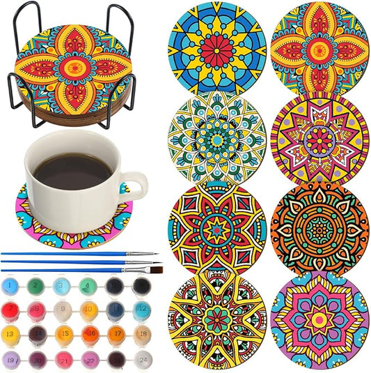 Reallnaive 8 Pcs Mandala Paint by Numbers Kit for Adults Wooden Coasters | Mini Floral Paint by Numbers, Tiny Flower Round Oil Painting Drink Coaster with Holder, for Small DIY Craft Birthday Gift