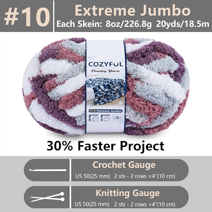 Cozyful Chunky Yarn for Hand Knitting - #10 Chunky Chenille Blanket Yarn, Jumbo Big Thick Chunky Yarns for Crocheting, Tie Dye Bulky Knit Yarns, 8 Skein (20 yds 8 oz Each Skein), Purple&Mauve&Grey