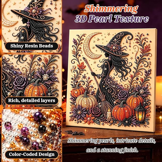 Irsnianianfa Halloween Pearl Art Kit for Adults,Diamond Art Painting Crafts Kit,Spooky Cute Witch & Pumpkin Canvas Art,DIY Fall Home Decor & Wall Art (A-01)