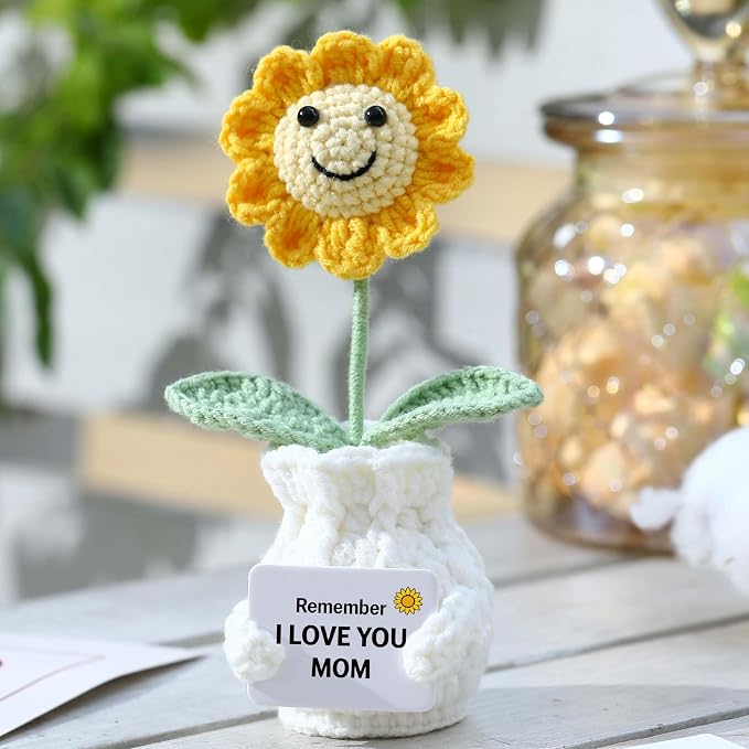 Crochet Sunflower Gift for Mom from Daughter Son, “I Love You Mom” Handmade Flower, Cute Desk Decor, Appreciation Ready-to-Gift with Box