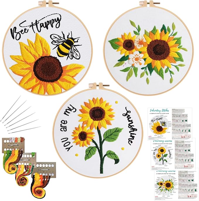 Louise Maelys 3 Set Summer Sunflower Embroidery Kit for Beginners Floral | Bright Sunflower Designs Make a Thoughtful Gift Choice. Needlepoint Kit for DIY Hobbies and Cross Stitch Kits for Adults