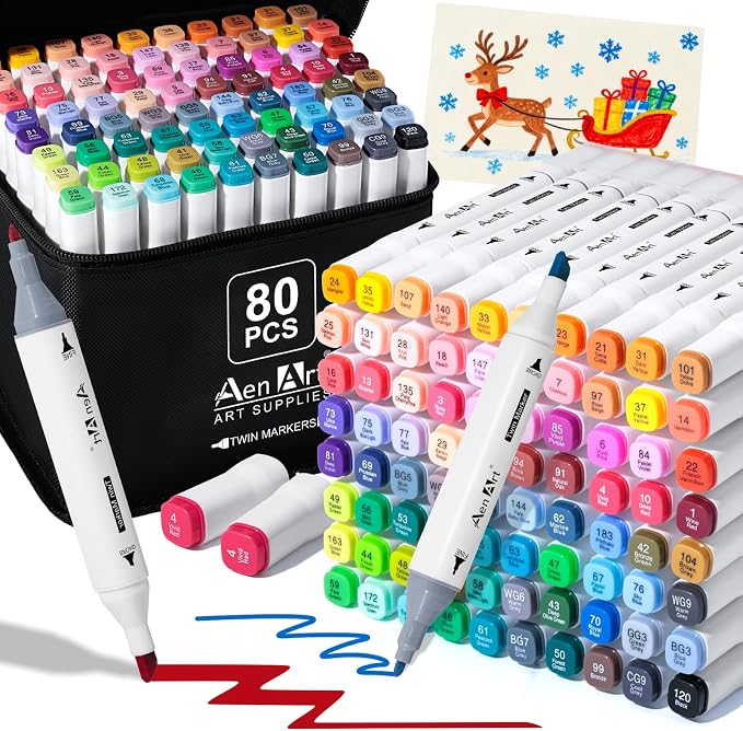 AenArt Alcohol Markers, 80 Color Dual Tip Art Drawing Markers, Artist Pens with Organizing Case for Adult Drawing Coloring Sketching（White Barrel）