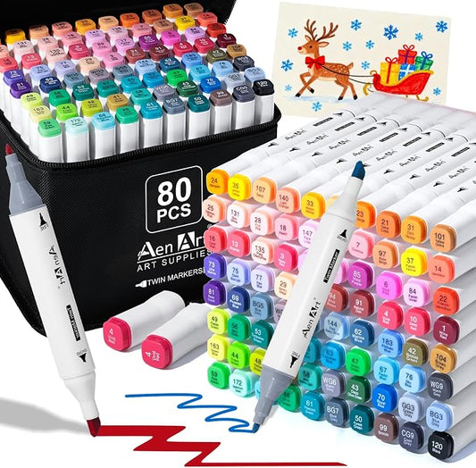 AenArt Alcohol Markers, 80 Color Dual Tip Art Drawing Markers, Artist Pens with Organizing Case for Adult Drawing Coloring Sketching（White Barrel）