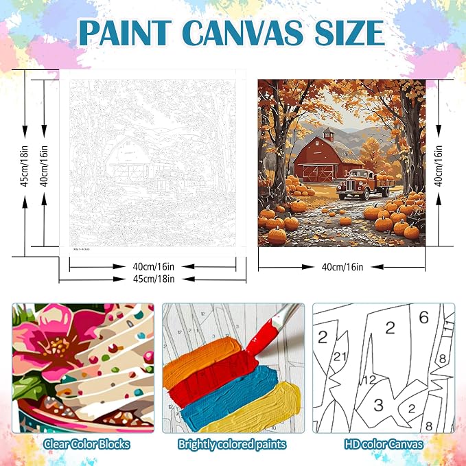 LKHMVCA Fall Farmhouse Truck Pumpkin Paint by Numbers Kit for Adults, DIY Paint by Numbers Kits for Adults Beginners Without Frame, Acrylic Paint Canvas Painting Kits Art for Home Decor 16x16 Inch
